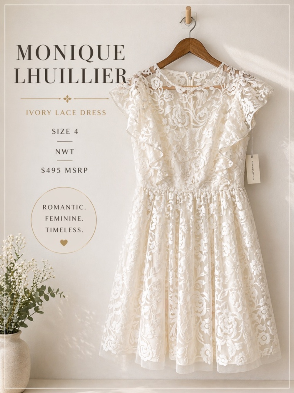Monique Lhuillier Size 4 Ivory Lace Embroidered Dress NWT $495 MSRP